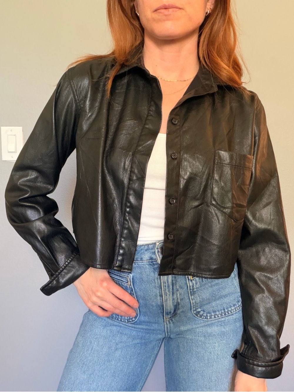 Good American Black Cropped Leather Shirt Jacket